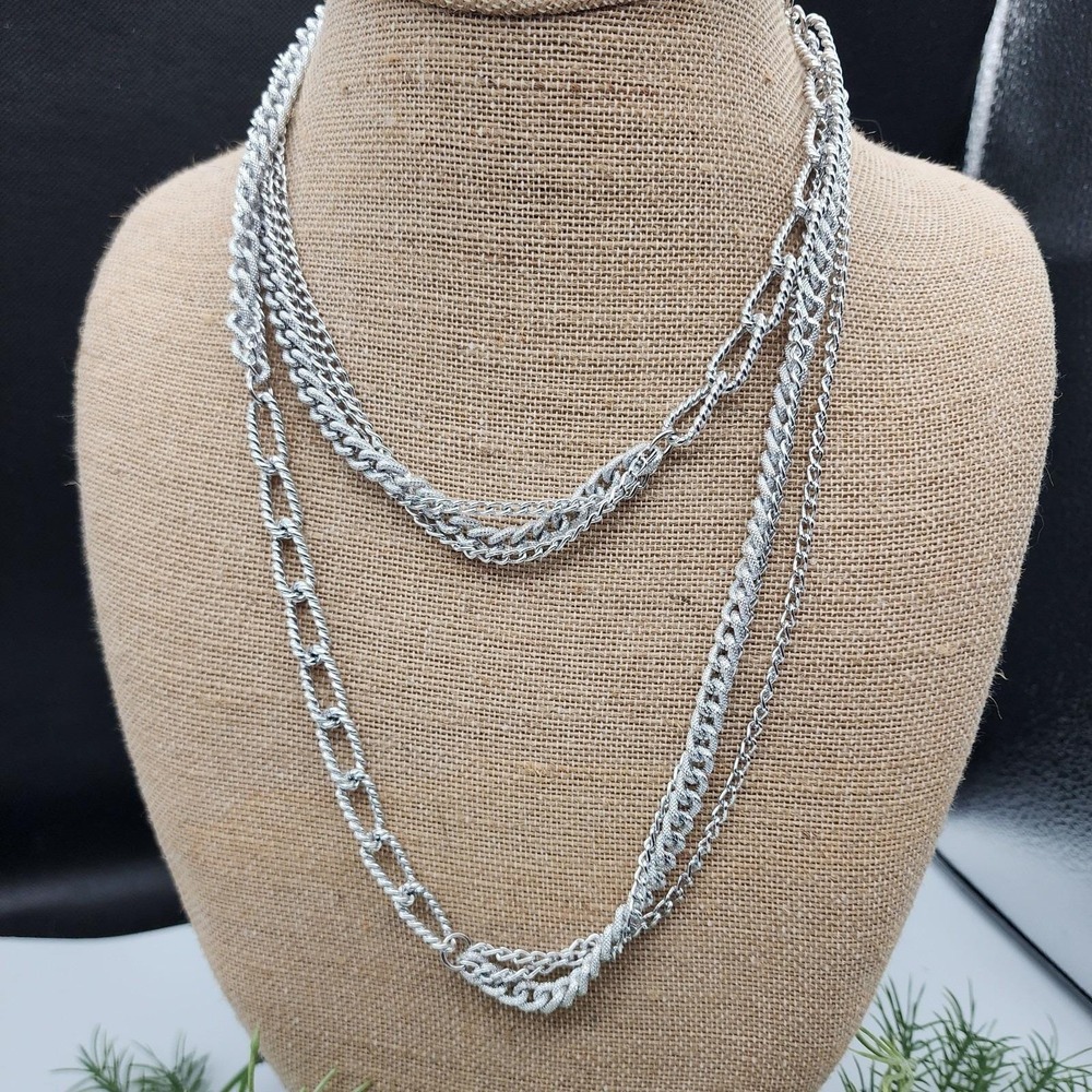 Vintage 1970s Emmons Double Silver tone Multi Chain Statement Necklace Signed‎